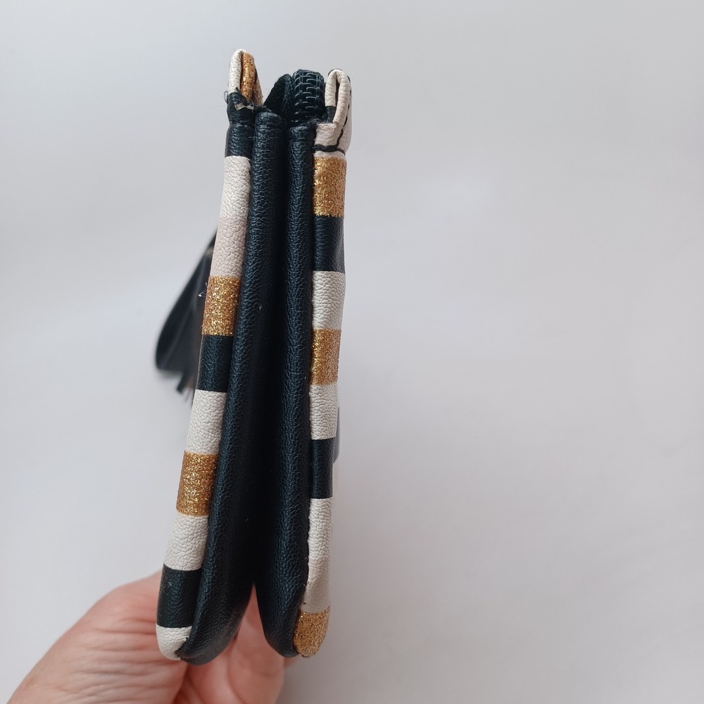 Luv Betsey by Betsey Johnson Striped Glitter Wristlet Pouch Black Gold Cream - Picture 8 of 13